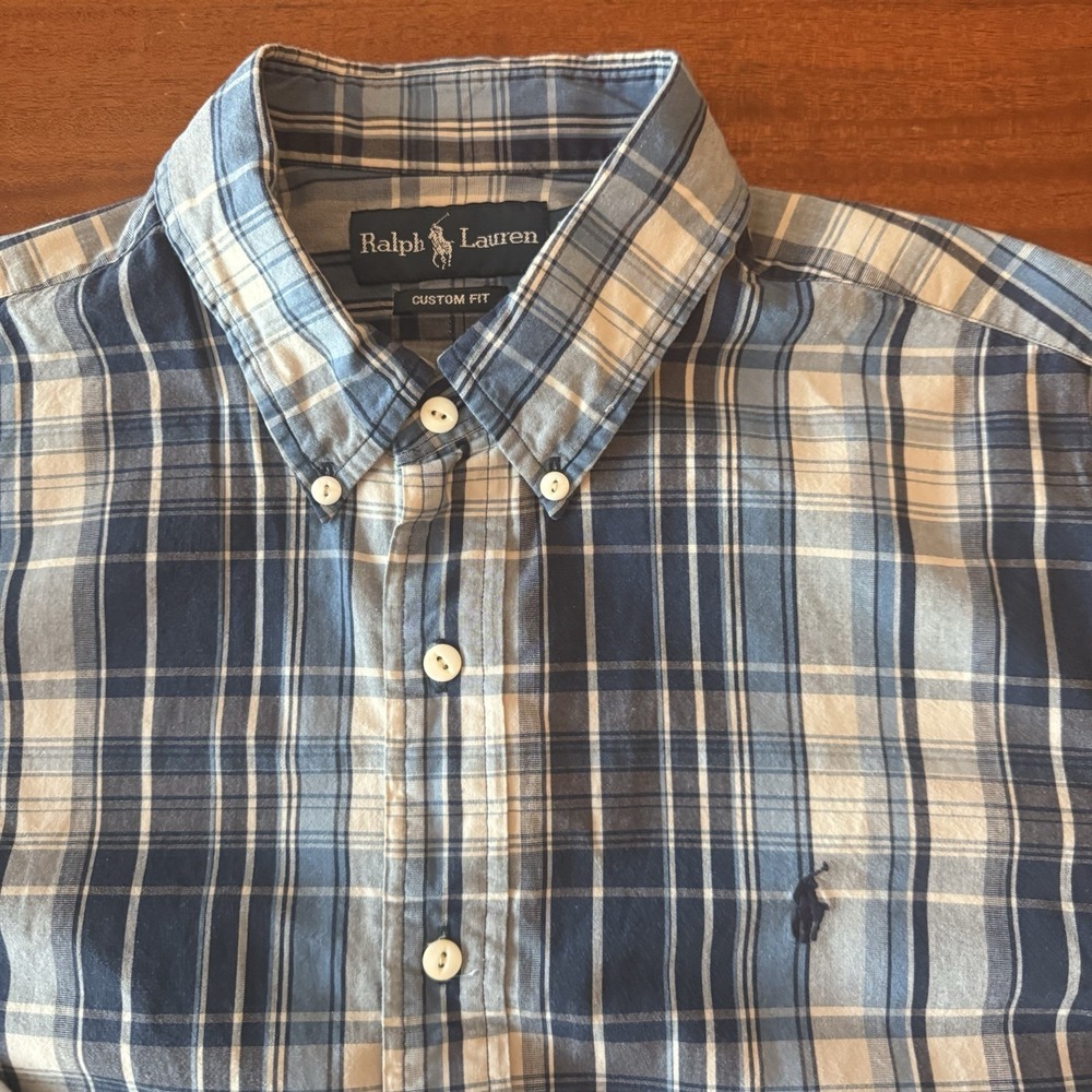 Ralph Lauren Men's Large Custom Fit Blue Plaid Shirt Cotton Blue Pony Game Day
